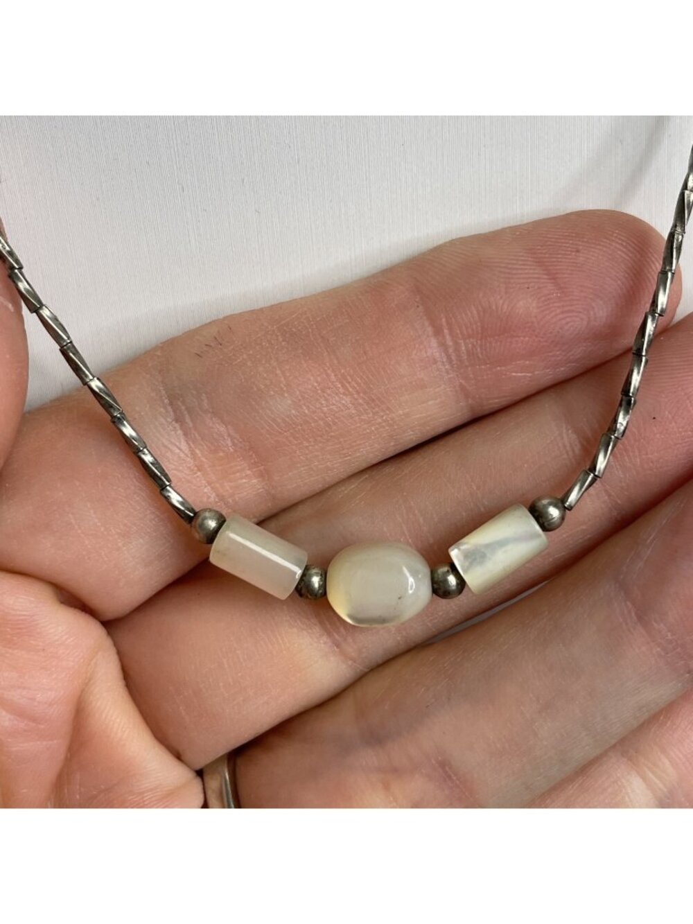 Vintage Liquid Sterling Silver 925 Mother Of Pearl Beaded Necklace 14” Tested
